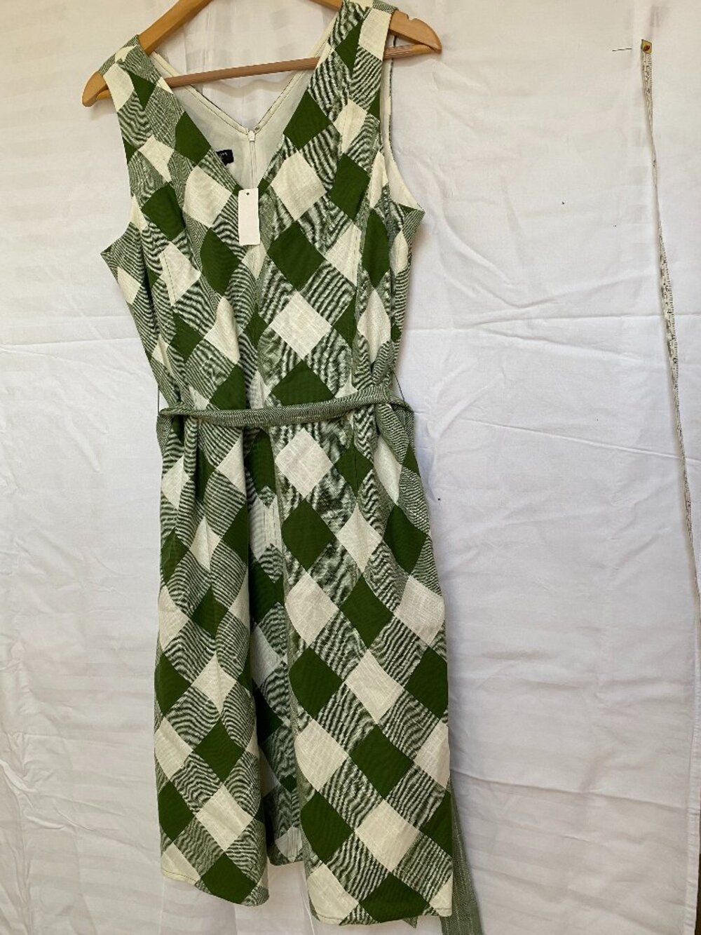 Talbots Petite Dress 12P Green White Plaid Check V-Neck Pockets Cotton Lined